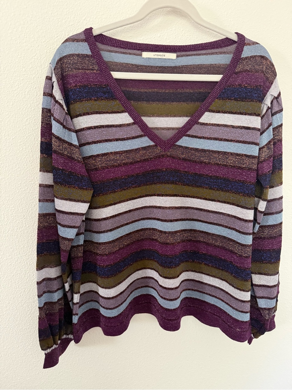 Uterque Metallic Lurex Striped V-Neck Knit Sweater Puffed Sleeve Multicolor M/L